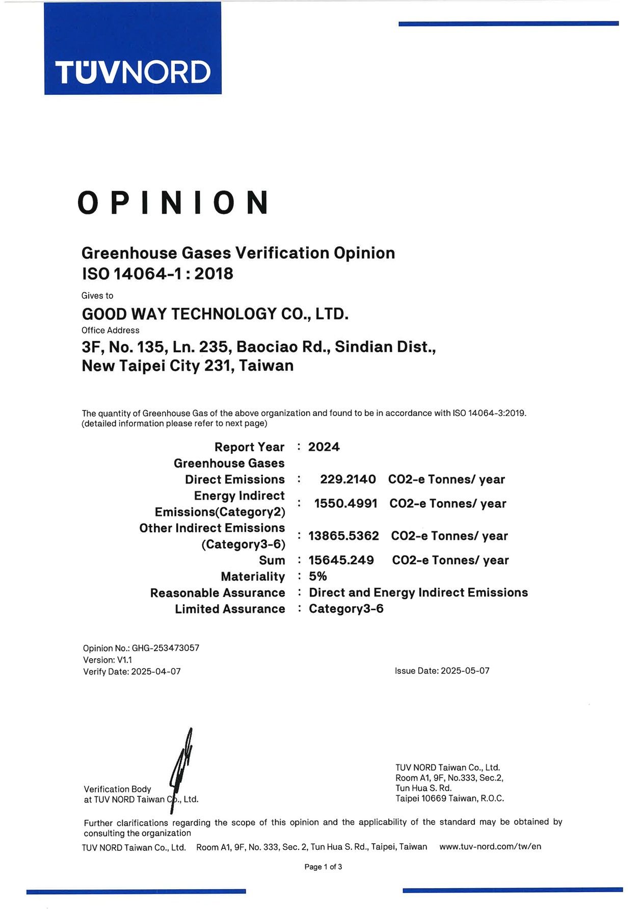 ISO 14064:2018 – Good Way Gruppe (Geltungsbereich umfasst: Hauptsitz, Taipei Fabrik, Kunshan Fabrik)